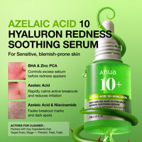 Suero Calmante para Enrojecimiento con Ácido Azelaico 10 de Anua, Suero Facial para Piel Sensible, Ácido Hialurónico, Niacinamida, Cuidado de Manchas, Color Natural, Vegano, Cuidado de la Piel Coreano (30ml/ 1.01 fl oz.)