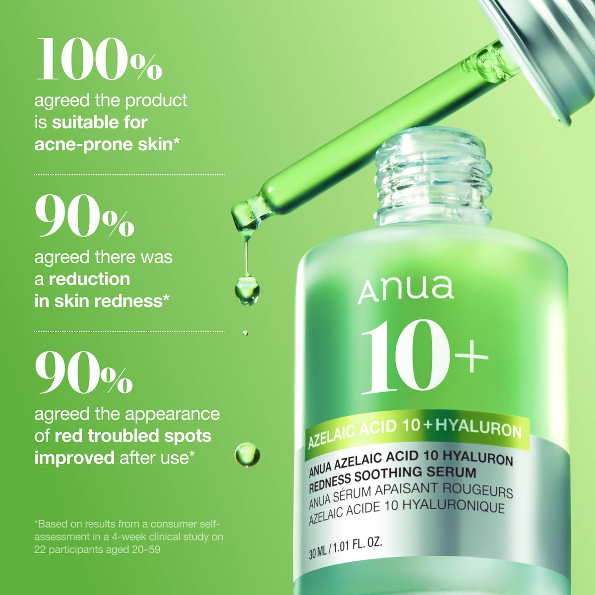 Suero Calmante para Enrojecimiento con Ácido Azelaico 10 de Anua, Suero Facial para Piel Sensible, Ácido Hialurónico, Niacinamida, Cuidado de Manchas, Color Natural, Vegano, Cuidado de la Piel Coreano (30ml/ 1.01 fl oz.)