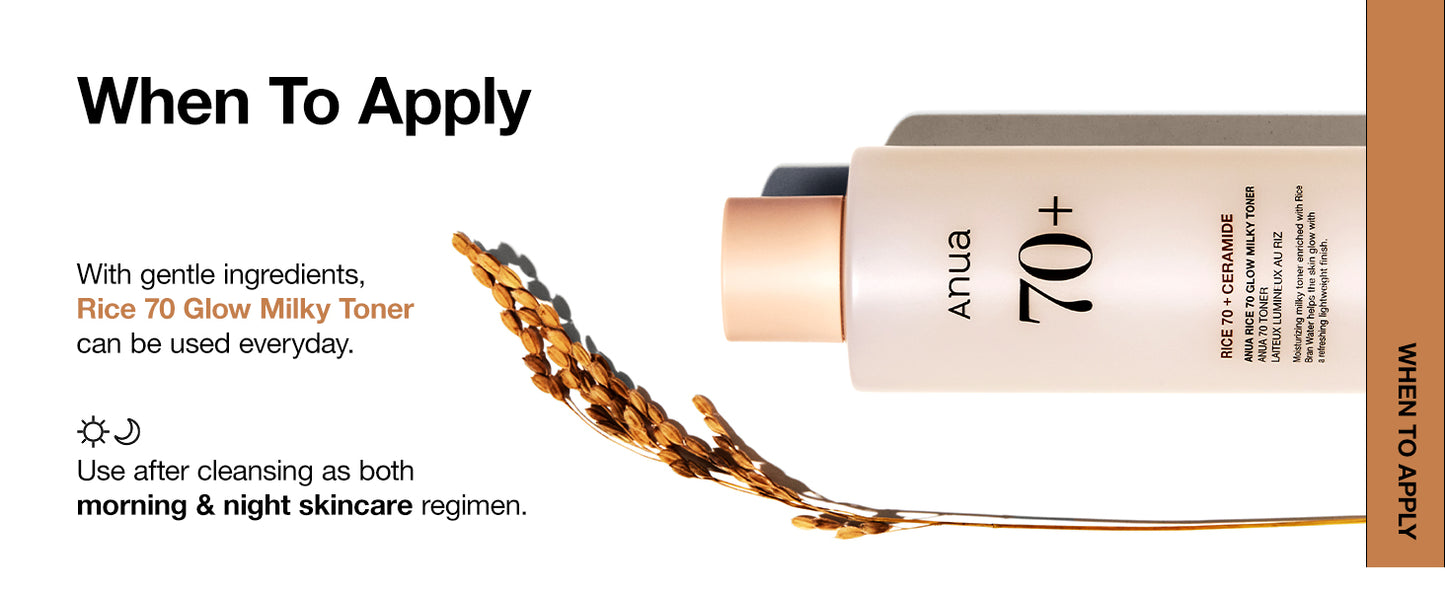  ANUA Rice 70 Glow Milky Toner, para Pele de Vidro, Água de Arroz, Niacinamida, Ceramidas, Pantenol, Sem Fragrância, Não Comedogênico, Seguro para Acne Fúngica, Cuidados com a Pele Coreana, 250ml/8.45fl.oz.