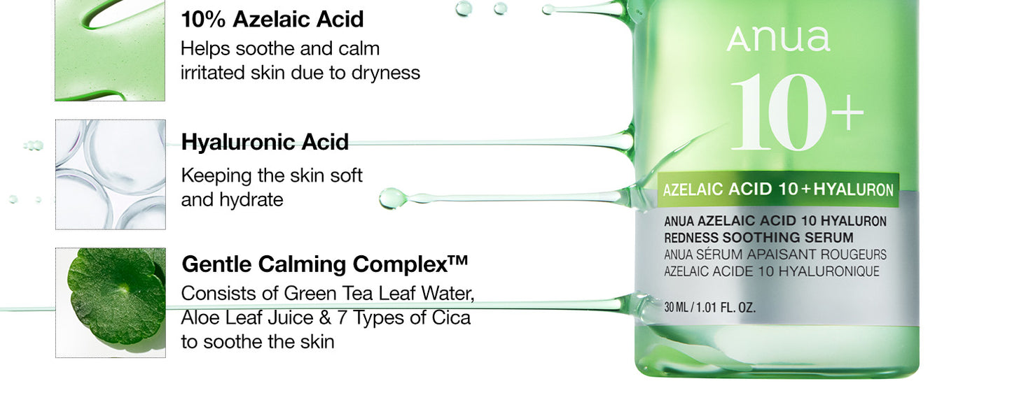  Sérum Calmante Anua Ácido Azelaico 10 Ácido Hialurônico para Vermelhidão, Sérum Facial para Pele Sensível, Ácido Hialurônico, Niacinamida, Cuidados com Manchas, Cor Natural, Vegano, Cuidados com a Pele Coreana (30ml/ 1,01 fl oz.)