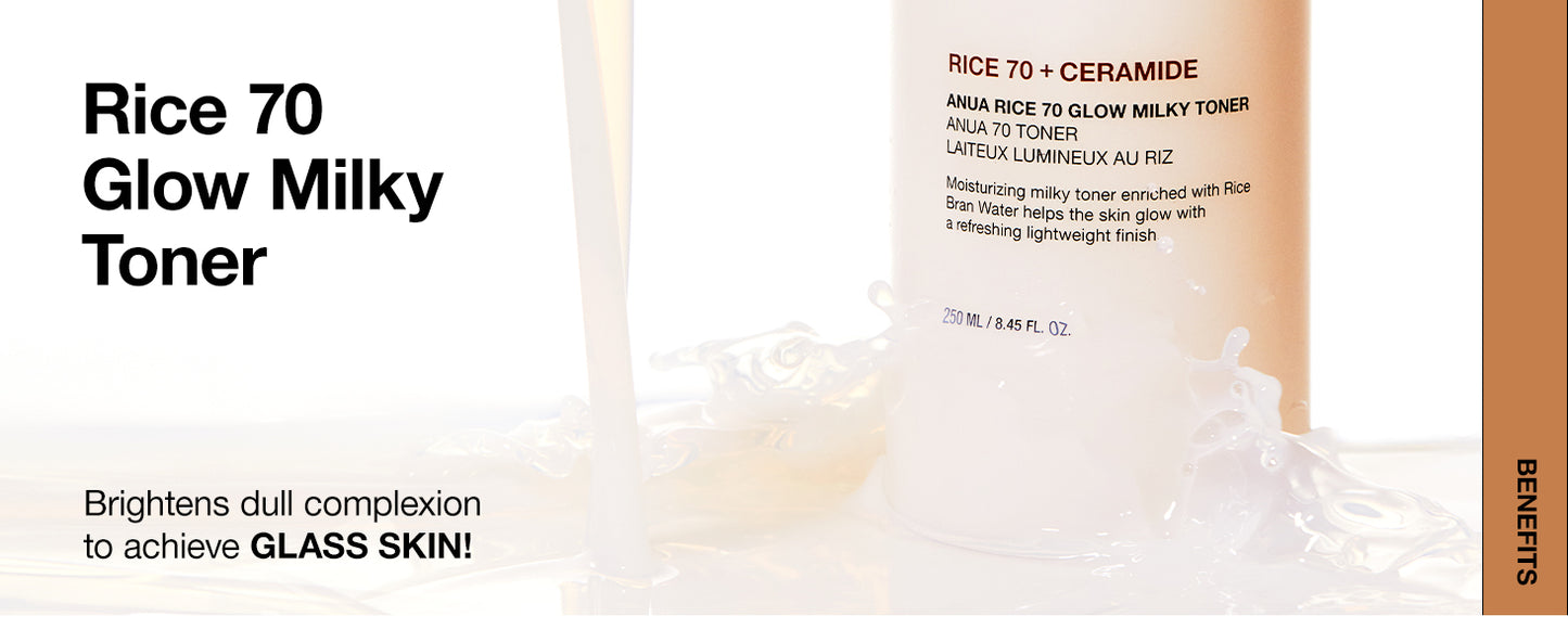 ANUA Rice 70 Glow Milky Toner, para Pele de Vidro, Água de Arroz, Niacinamida, Ceramidas, Pantenol, Sem Fragrância, Não Comedogênico, Seguro para Acne Fúngica, Cuidados com a Pele Coreana, 250ml/8.45fl.oz.