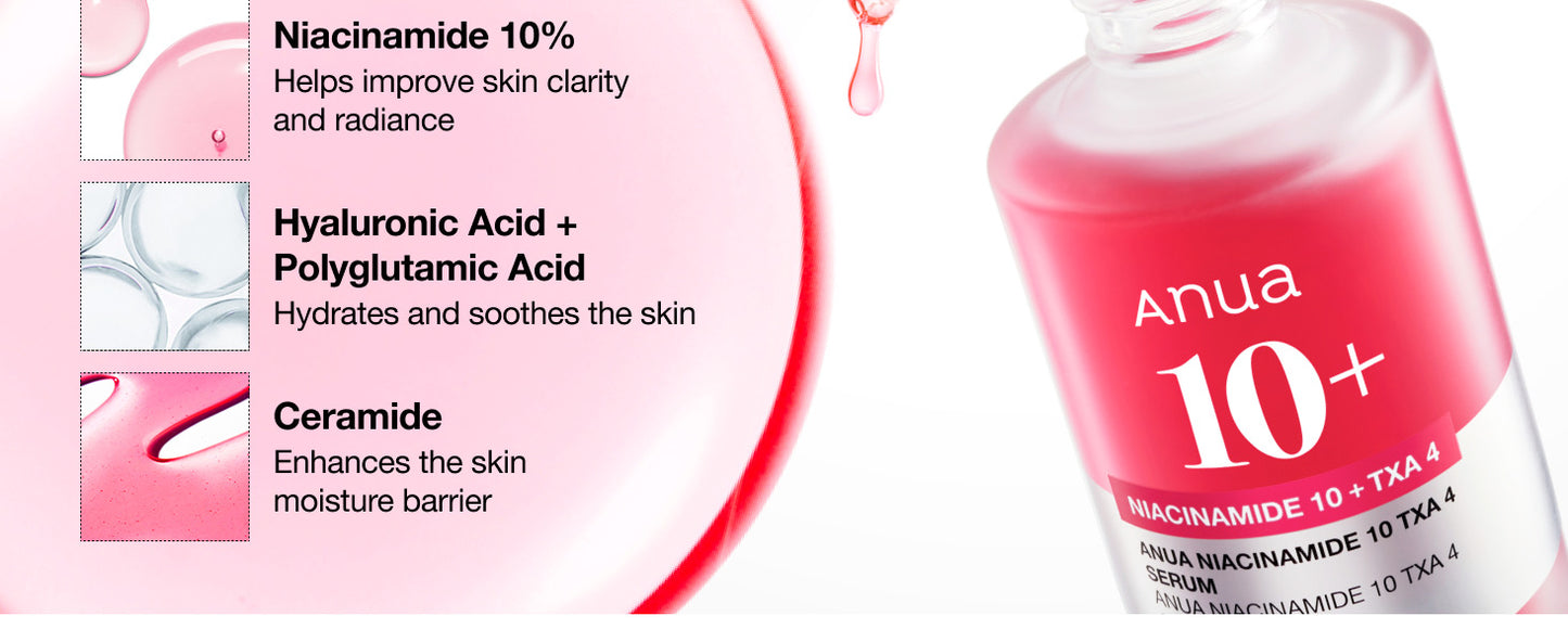  Sérum ANUA Niacinamida 10 + TXA 4, Ácido Hialurônico, Ácido Tranexâmico, Vitamina B12, Sérum Facial para Pele de Vidro, Tez Clarificante e Radiante com Cor Natural, Cuidados com a Pele Coreana (30ml / 1,01 fl.oz)