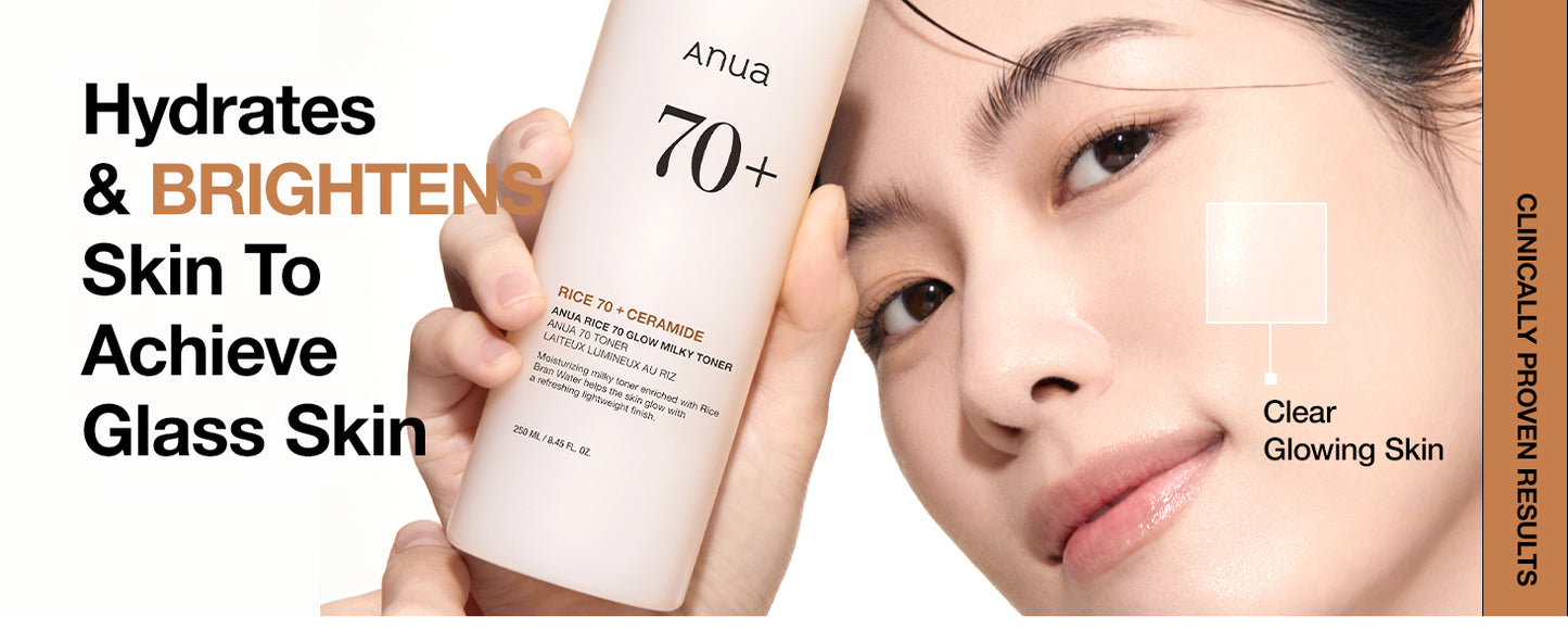  ANUA Rice 70 Glow Milky Toner, para Pele de Vidro, Água de Arroz, Niacinamida, Ceramidas, Pantenol, Sem Fragrância, Não Comedogênico, Seguro para Acne Fúngica, Cuidados com a Pele Coreana, 250ml/8.45fl.oz.