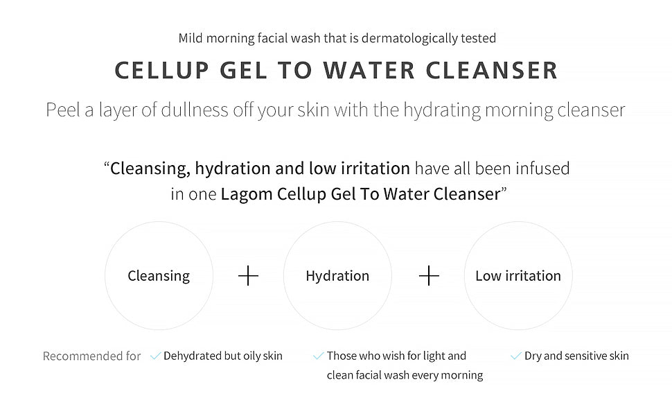 LAGOM Limpiador Gel a Agua Cellup | Textura Gelatinosa, Limpiador Matutino, Lavado Facial Diario, Fórmula Transparente Sin Espuma, Limpieza Facial Hidratante 7.44 Fl Oz