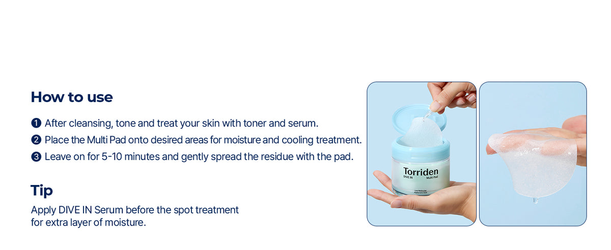Torriden DIVE IN Multi Pad (80 pads) | Almohadillas faciales con suero para enfriar, calmar e hidratar | Ácido hialurónico, pantenol, alantoína