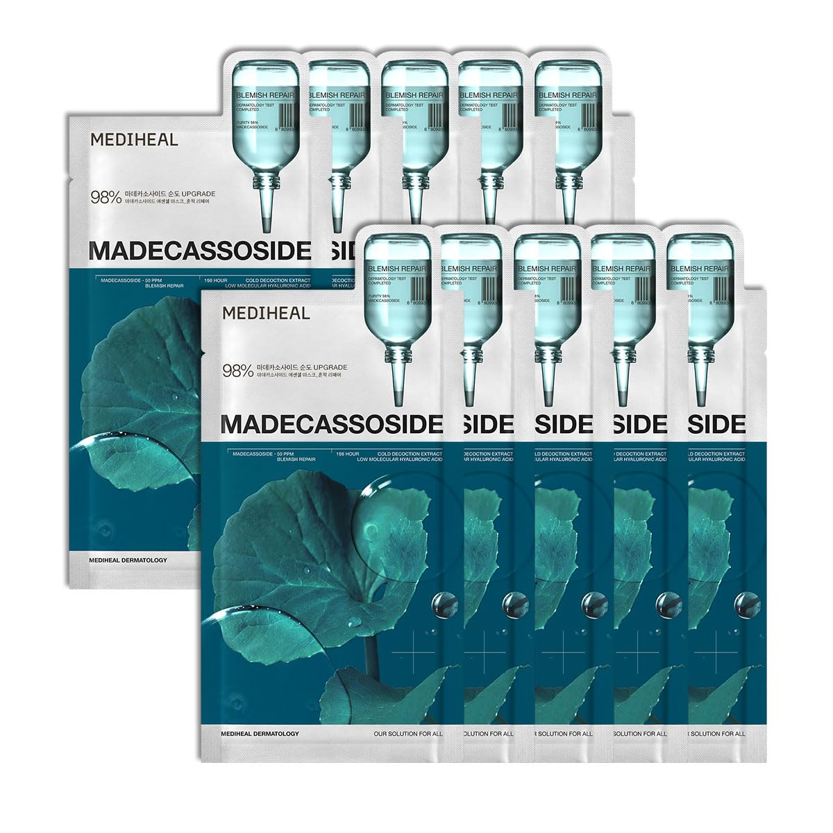 Mediheal Máscara Facial de Tecido Essencial Madecassoside Reparação de Manchas 10 unid. 98% de Pureza Madecassoside e Ácido Hialurônico Incluídos. Melhora a Barreira de Umidade e Cuida da Textura da Pele. Fórmula Vegana Máscara de Tecido