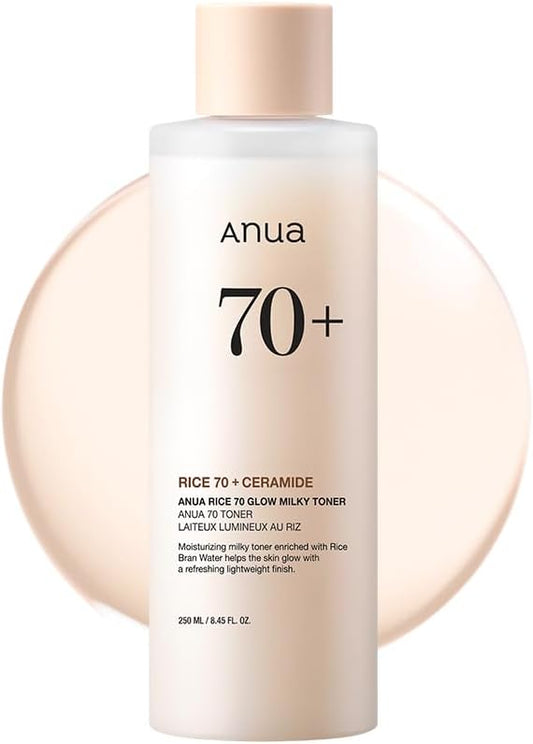  ANUA Rice 70 Glow Milky Toner, para Pele de Vidro, Água de Arroz, Niacinamida, Ceramidas, Pantenol, Sem Fragrância, Não Comedogênico, Seguro para Acne Fúngica, Cuidados com a Pele Coreana, 250ml/8.45fl.oz.
