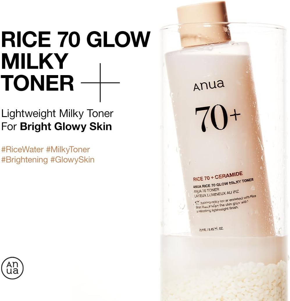  ANUA Rice 70 Glow Milky Toner, para Pele de Vidro, Água de Arroz, Niacinamida, Ceramidas, Pantenol, Sem Fragrância, Não Comedogênico, Seguro para Acne Fúngica, Cuidados com a Pele Coreana, 250ml/8.45fl.oz.