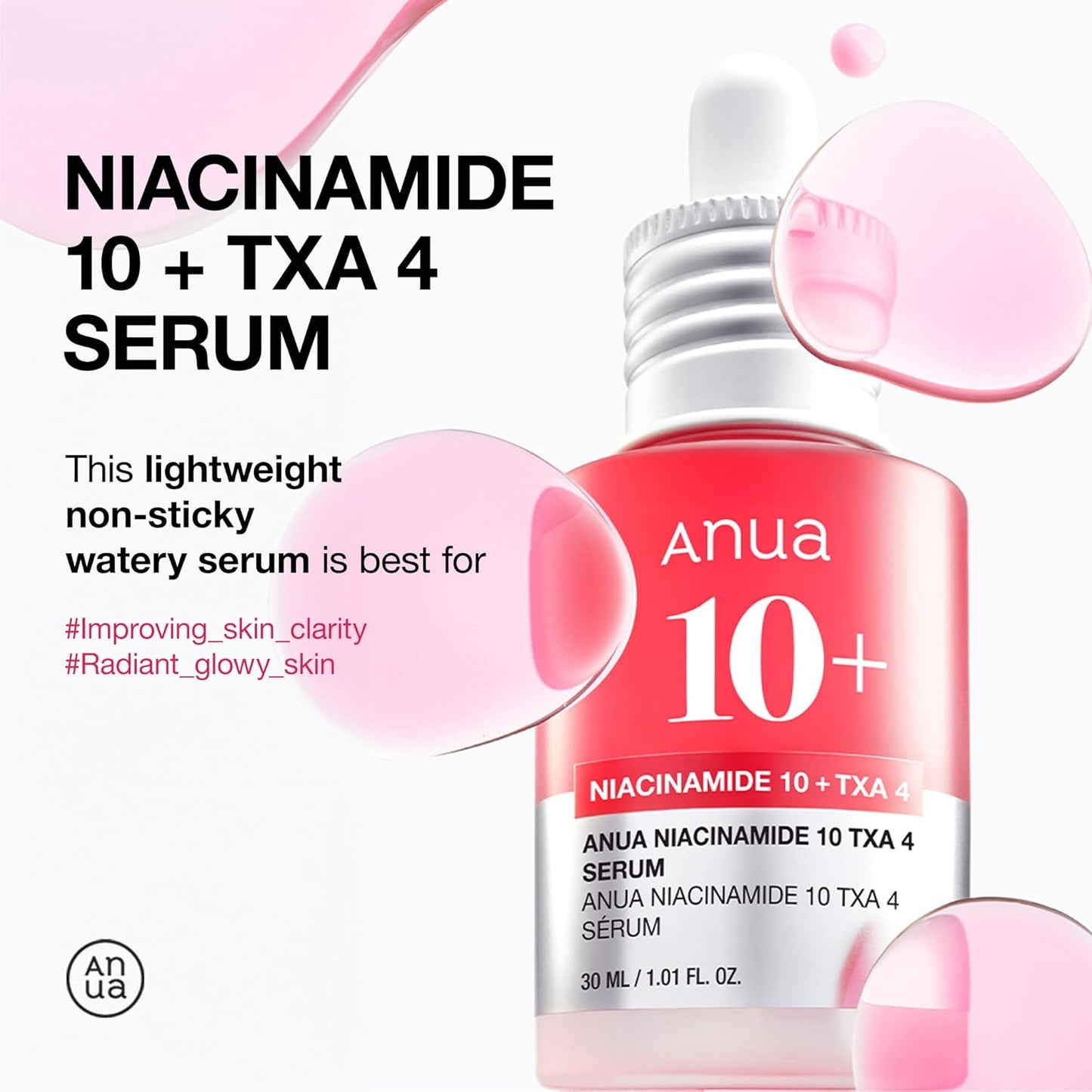  Sérum ANUA Niacinamida 10 + TXA 4, Ácido Hialurônico, Ácido Tranexâmico, Vitamina B12, Sérum Facial para Pele de Vidro, Tez Clarificante e Radiante com Cor Natural, Cuidados com a Pele Coreana (30ml / 1,01 fl.oz)