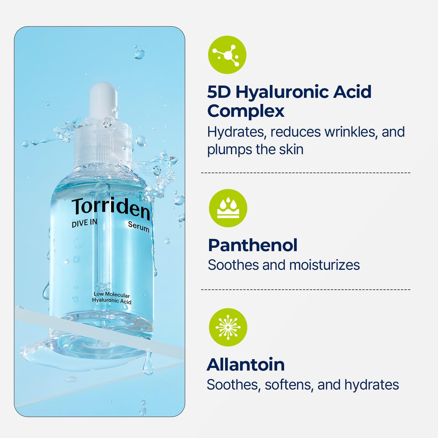 Torriden Sérum DIVE IN Ácido Hialurônico 50ml (1,69 fl.oz.) | Hidratação Profunda para Pele Radiante | Ácido Hialurônico, Pantenol, Alantoína | Sérum Facial Coreano