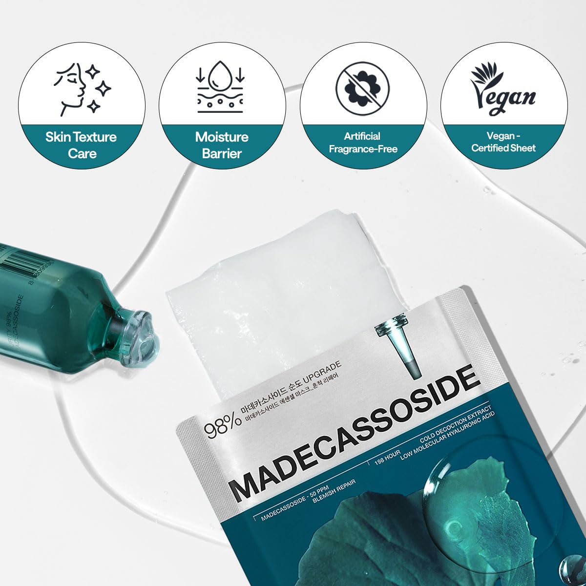 Mediheal Máscara Facial de Tecido Essencial Madecassoside Reparação de Manchas 10 unid. 98% de Pureza Madecassoside e Ácido Hialurônico Incluídos. Melhora a Barreira de Umidade e Cuida da Textura da Pele. Fórmula Vegana Máscara de Tecido