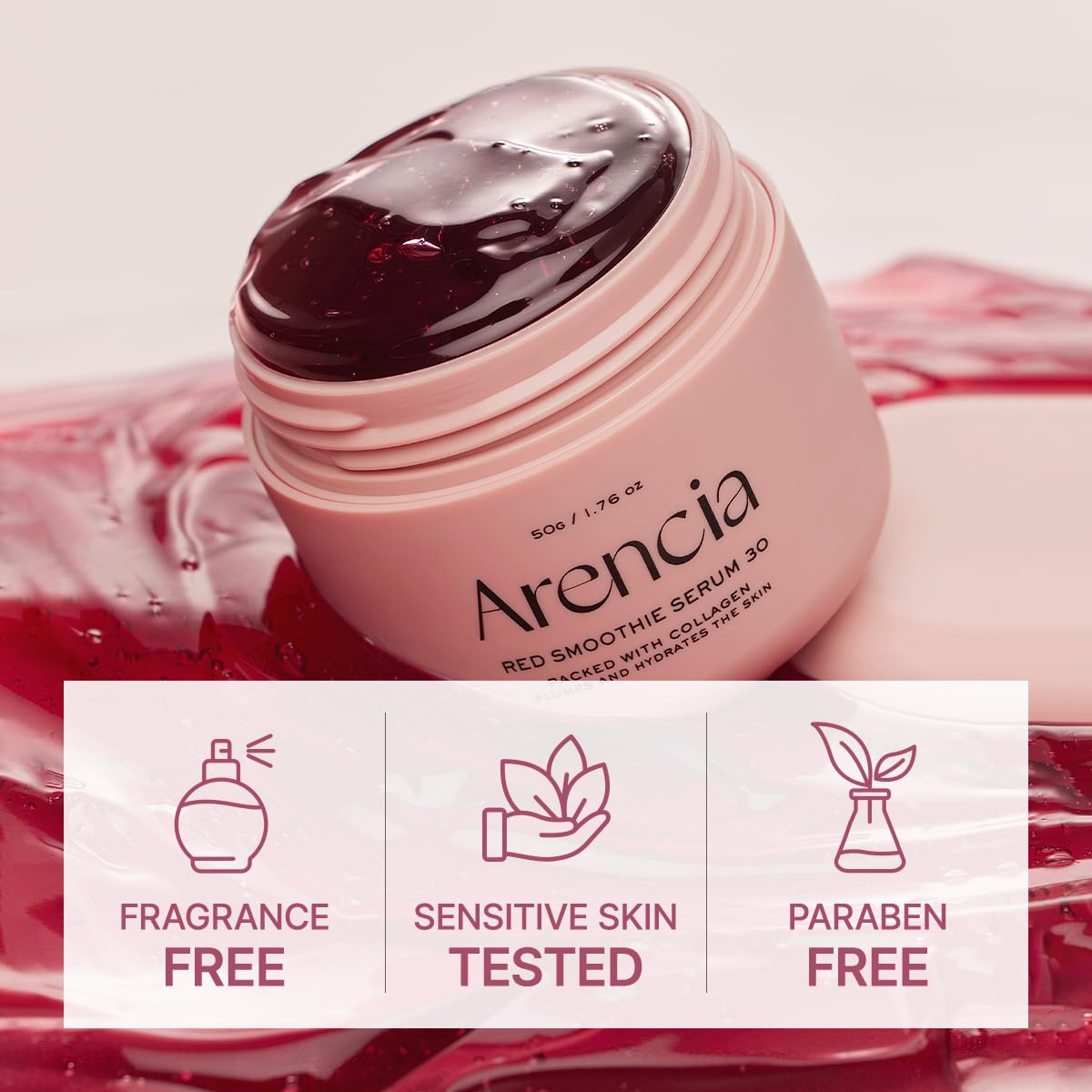 Arencia Máscara Facial Sérum Noturna de Smoothie Vermelho, Iluminadora e Calmante com 30% de colágeno vermelho, Niacinamida, Peptídeo, Vitamina E