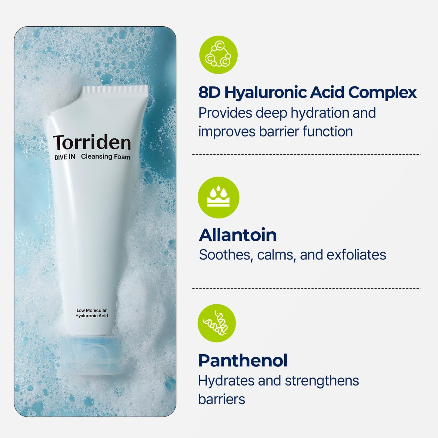 Torriden Espuma de Limpeza Facial DIVE IN 150ml (5,07 fl.oz.) | Limpador Facial Hidratante Diário para Todos os Tipos de Pele e Pele Sensível | Ácido Hialurônico, Pantenol, Alantoína