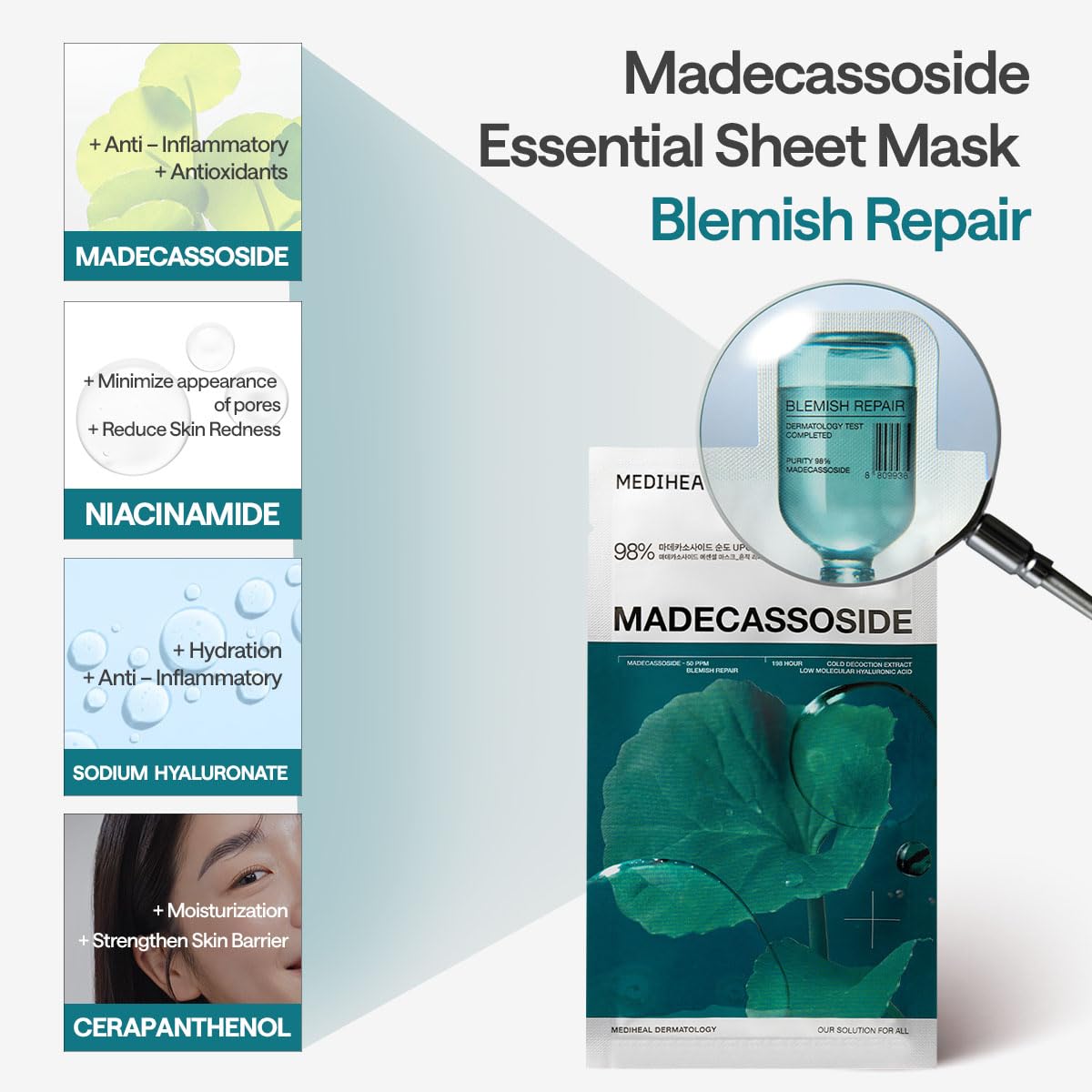 Mediheal Máscara Facial de Tecido Essencial Madecassoside Reparação de Manchas 10 unid. 98% de Pureza Madecassoside e Ácido Hialurônico Incluídos. Melhora a Barreira de Umidade e Cuida da Textura da Pele. Fórmula Vegana Máscara de Tecido