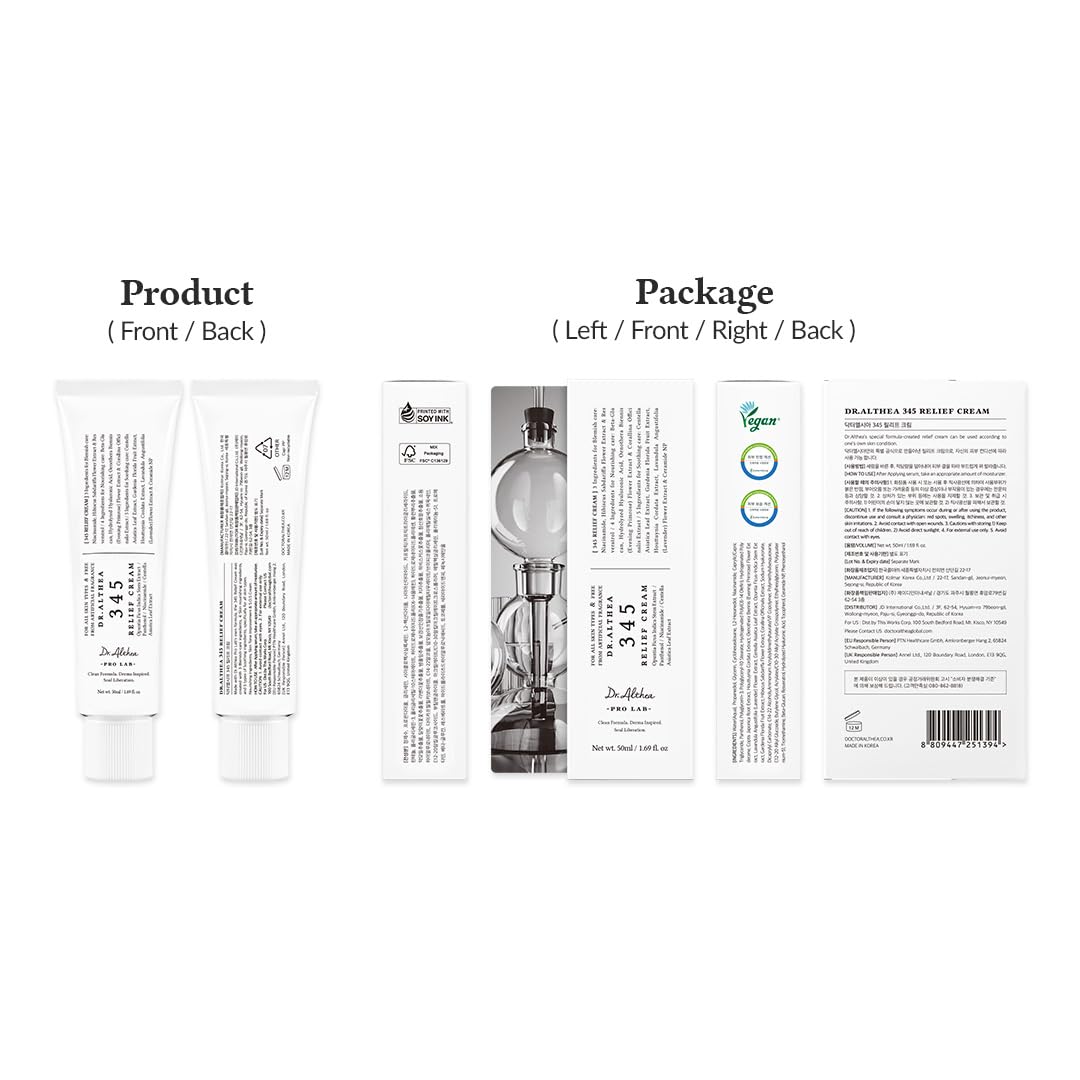 Dr.Althea Creme 345 Relief | Hidratante Facial Diário | Cuidados para Alívio de Manchas | Recuperação Calmante e Hidratação com Niacinamida, Pantenol | Cuidados com a Pele Veganos Coreanos para Todos os Tipos de Pele | 50 ml (Pacote com 1)