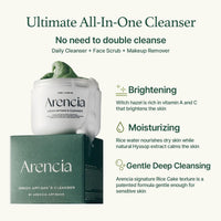 Arencia Limpiador Facial de Mochi de Arroz Coreano - Mascarilla Facial, Limpiador Espumoso, Exfoliante Suave Todo en Uno - Limpieza Profunda, Hidratante, Minimiza Poros, Elimina Puntos Negros - con Agua de Arroz y Té Verde, Artemisa