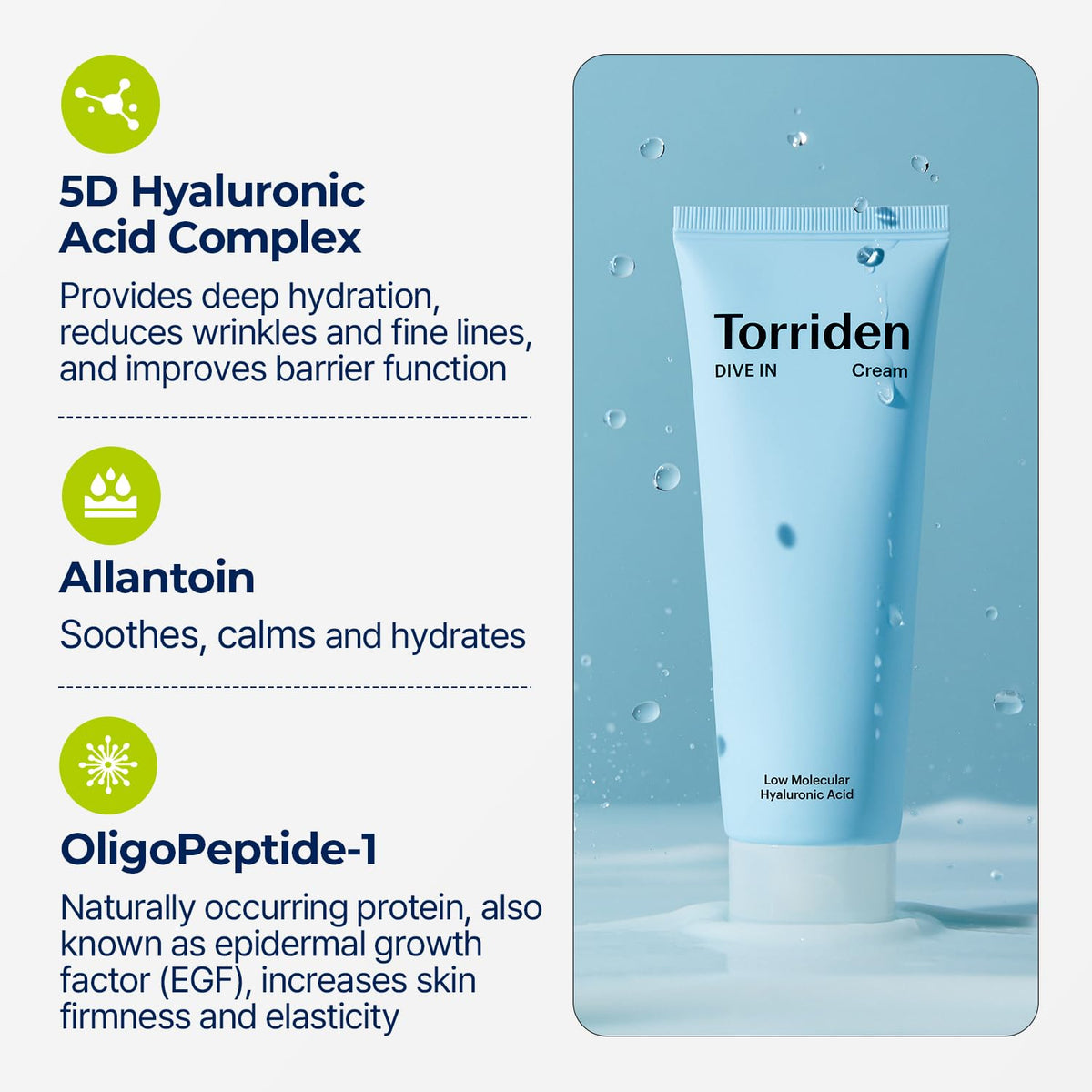 Torriden Crema DIVE IN 80ml (2.71 fl. oz.) | Hidratante Facial para Piel Sensible y Grasa | Textura Ligera y Cremosa | Crema con Ácido Hialurónico, Alantoína