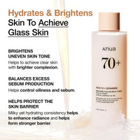 ANUA Rice 70 Glow Milky Toner, para Piel de Cristal, Agua de Arroz, Niacinamida, Ceramidas, Pantenol, Sin Fragancia, No Comedogénico, Seguro para Acné Fúngico, Cuidado de la Piel Coreano, 250ml/8.45fl.oz.
