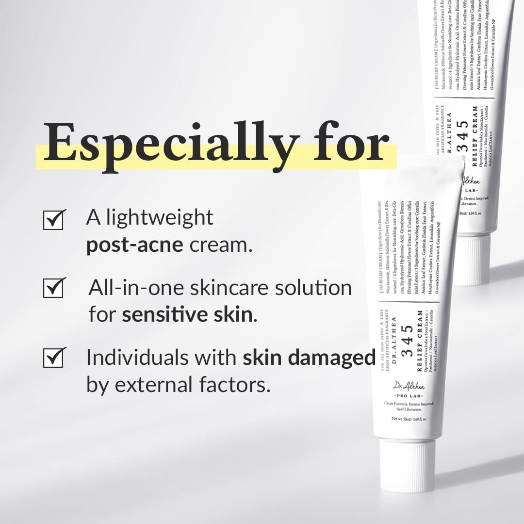 Dr.Althea Crema 345 Alivio | Hidratante Facial Diario | Cuidado para Imperfecciones | Recuperación y Humectación Suavizante con Niacinamida, Pantenol | Cuidado Vegano Coreano para Todo Tipo de Piel | 1.7 Fl Oz (Paquete de 1)