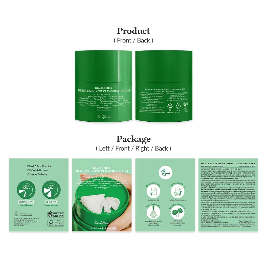Dr.Althea Bálsamo Limpiador Pure Grinding | Aceite Limpiador de Maquillaje en un Solo Paso con Madecassoside | Textura de Sorbete No Grasosa | Calmante para Todo Tipo de Piel | Cuidado de la Piel Vegano Coreano | 1.69 Fl Oz